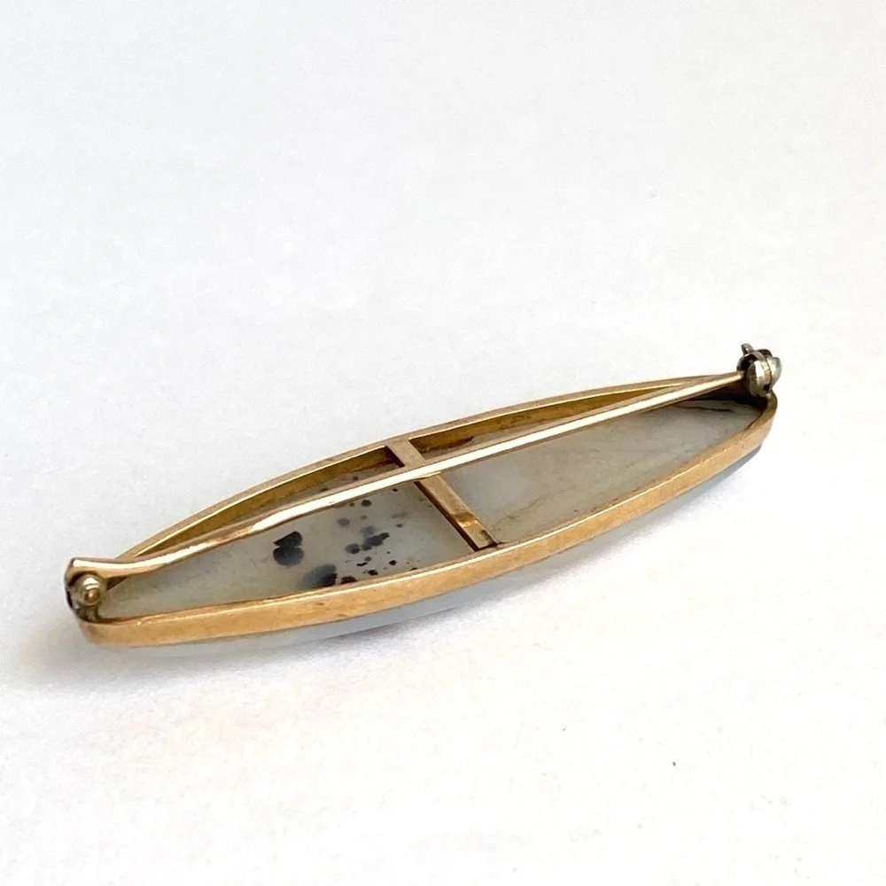 14K Gold Agate Brooch Montana‎ Moss Antique Vintage Art Deco 40s 50s Stone Pin